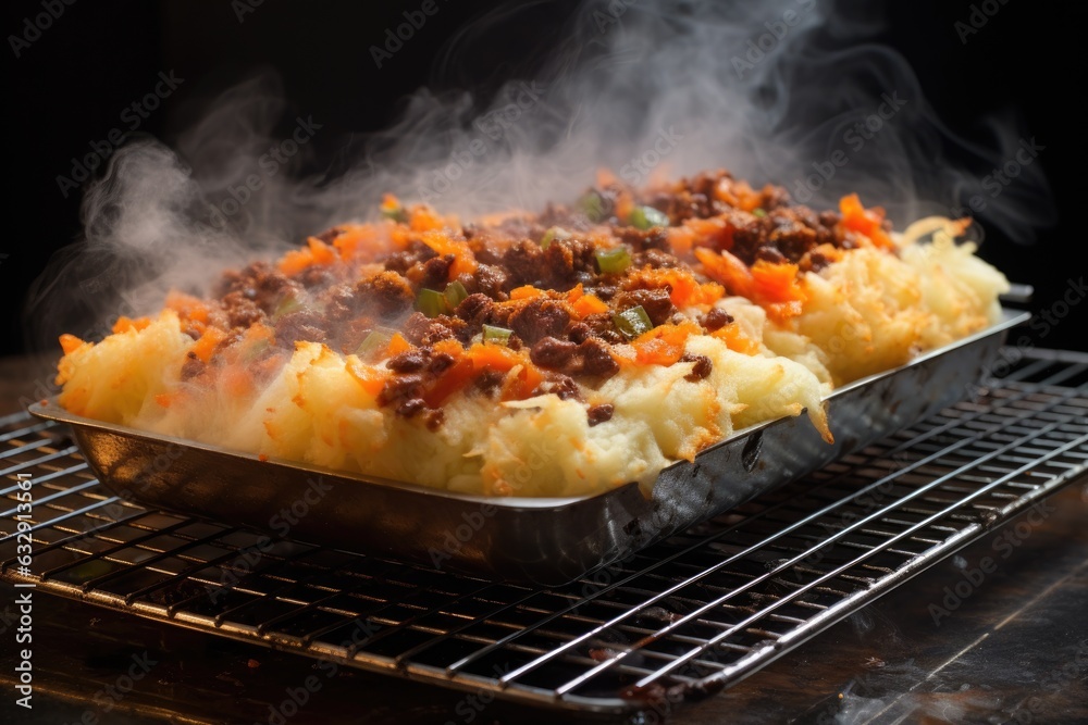 Poster steamy hot shepherds pie on a cooling rack