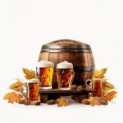 Beer glasses with beer barrel on isolated background generative ai