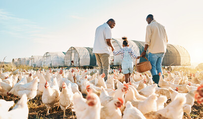 Happy, gay couple and holding hands with black family on chicken farm for agriculture, environment...