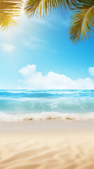 Beautiful Tropical paradise beach with sand and palm leaves in blur. Flyer background for Summer