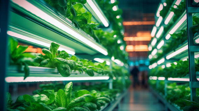 Organic plant grow in hi-tech controlling  lab environment with bright light - hydroponic lettuces in a modern vertical farm