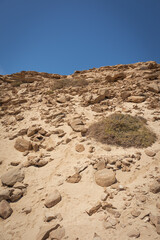 Desert landscape with sand and rocks of a beach on Fuerteventura island. Fuerteventura, Canary Islands, Spain