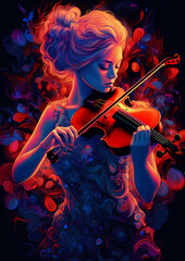 Fototapeta premium Abstract digital painting of a woman who is playing violin, her dress is made of spiral ornaments, fluorescent infrared neon colors, dark delicate chromatics.