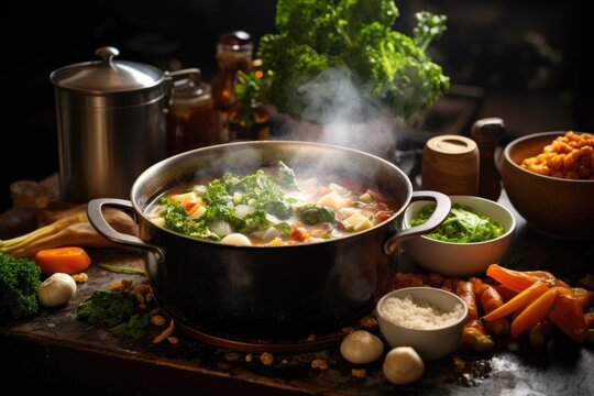 steaming pot on stove with soup ingredients