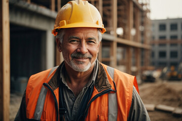 man working on a construction site, construction hard hat and work vest, smirking, middle aged or older. Image created using artificial intelligence.