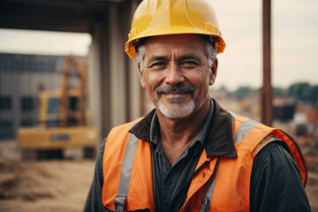 Fototapeta premium man working on a construction site, construction hard hat and work vest, smirking, middle aged or older. Image created using artificial intelligence.