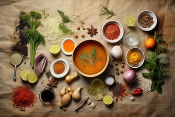 soup ingredients displayed in a flat lay