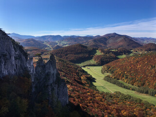 Golden autumn in Austria with climbing rock
