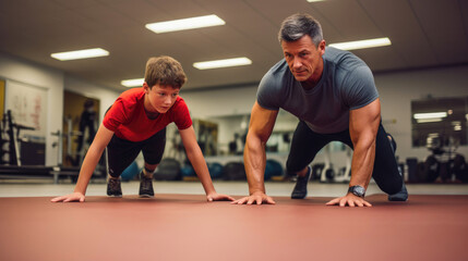 Fototapeta na wymiar Father and Son Enjoying Gym Time Together