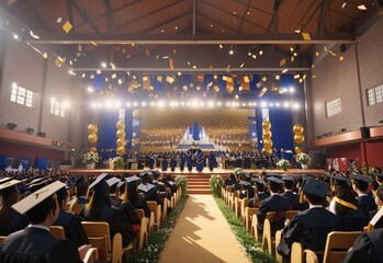 Back view of university graduation celebration - obrazy, fototapety, plakaty