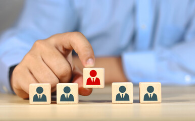 social network of human resources Assessment center concept Personal auditing or CRM concept. Whole team recruiter with one person shown with wooden cubes with icons.	
