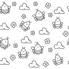 Single color vector pattern of bees, flowers, clouds