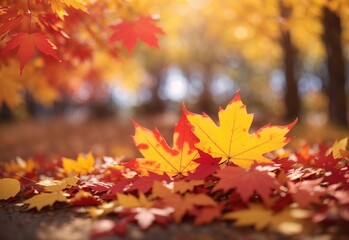 Naklejka na ściany i meble Autumn season and end year activity with red and yellow maple leaves with soft focus light and bokeh background