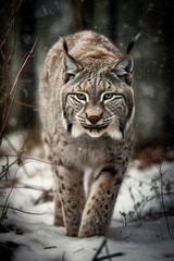 Fototapeta premium A lynx was stealthily prowling through the snowy forest. Generative AI.