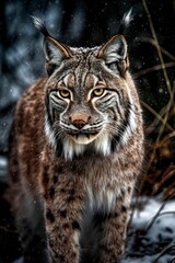 Fototapeta premium A lynx was stealthily prowling through the snowy forest. Generative AI.