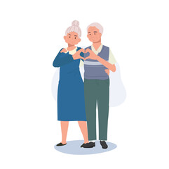 Aged Happiness and Love concept. Cute Happy Elderly Couple Making Heart Shape Hand Gesture. Flat vector cartoon illustration