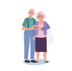 Fototapeta premium Aged Happiness and Love concept. Cute Happy Elderly Couple Making Heart Shape Hand Gesture. Flat vector cartoon illustration