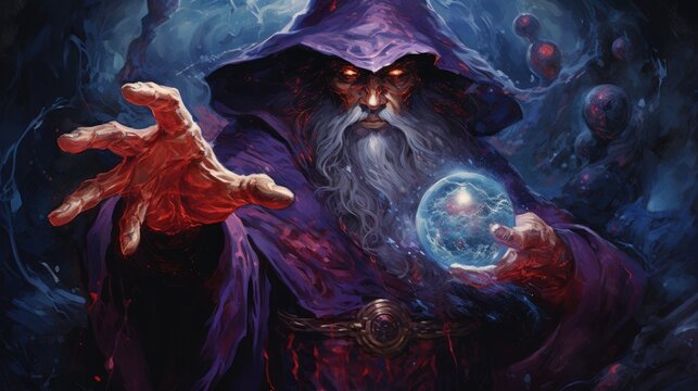 evil sorcerer holds a magic gem cast ball