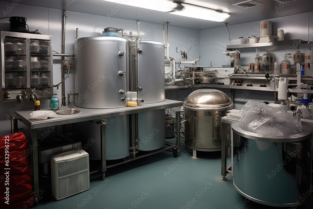 Wall mural cryonics equipment and tools on a sterile laboratory table