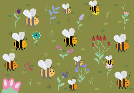 Vector bee and flowers pattern