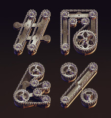 3d rendering of steampunk style letters made of bike gears and chain. Vintage mechanical font.