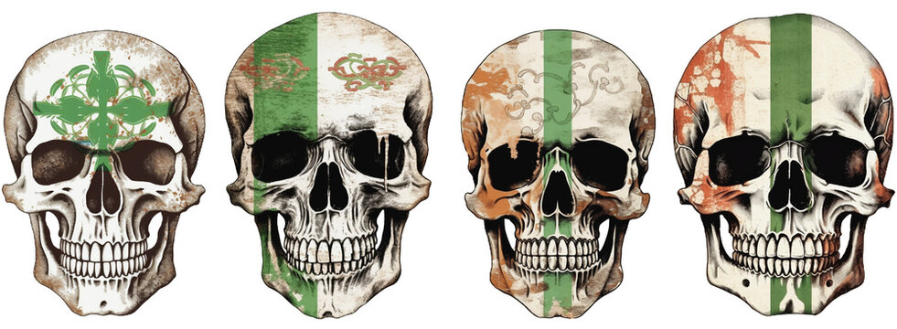 vintage retro Irish flag design in the shape of a skull 003 on a transparent background, generative ai