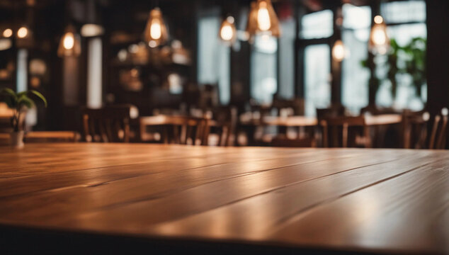 Empty wooden table top with blur background of indoor vintage cafe, cozy enviroment