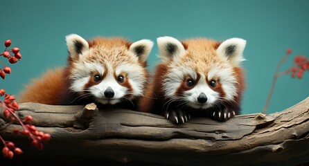 Obraz premium Red panda peeking out from behind a tree. Turquoise background with copy space. A rare feline bear listed in the Red Book. The threat of extinction of an unusual canine predator.