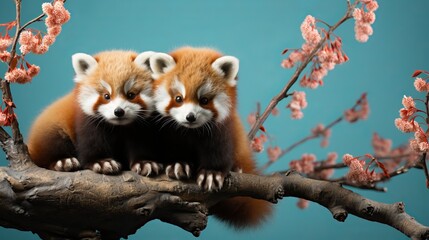 Obraz premium Red panda peeking out from behind a tree. Turquoise background with copy space. A rare feline bear listed in the Red Book. The threat of extinction of an unusual canine predator.