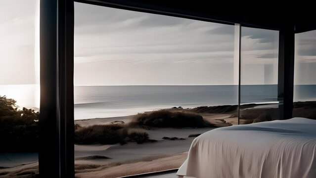 A glass house with a large panoramic window stands on the ocean. 4K. Generative AI
