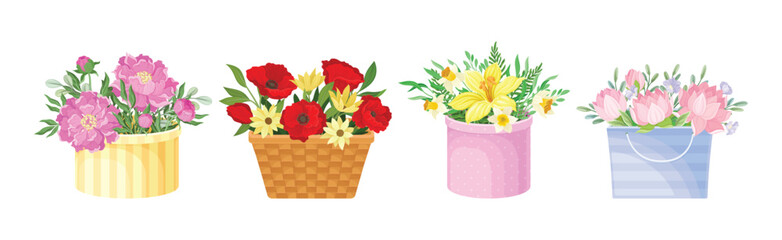 Bunch of Flowers in Bright Box and Basket as Gift Vector Set