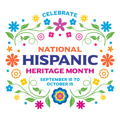 Hispanic american heritage month, vector, 
banner, poster, post, card, printable with National Hispanic heritage month text, floral border for Hispanic heritage month, September 15 - October 15