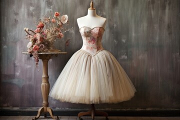 elegant ballet tutu on a vintage dress form - obrazy, fototapety, plakaty