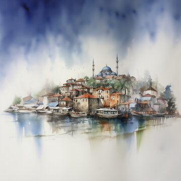Istanbul, Turkie watercolor graphic. AI generative