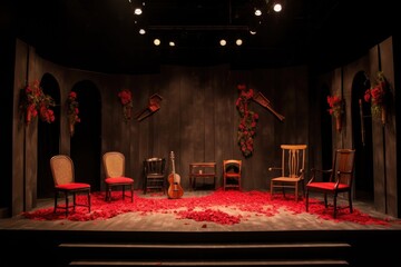 stage with empty chairs and flamenco accessories - obrazy, fototapety, plakaty
