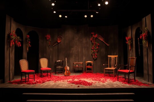 stage with empty chairs and flamenco accessories