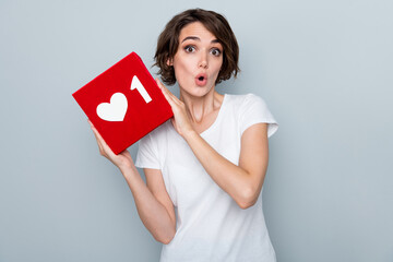 Photo of speechless overjoyed ecstatic woman dressed white t-shirt holding red box with one like isolated on gray color background