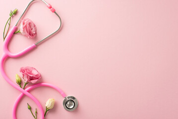 Advocate for breast cancer awareness during October. Top view image showcasing pink stethoscope...