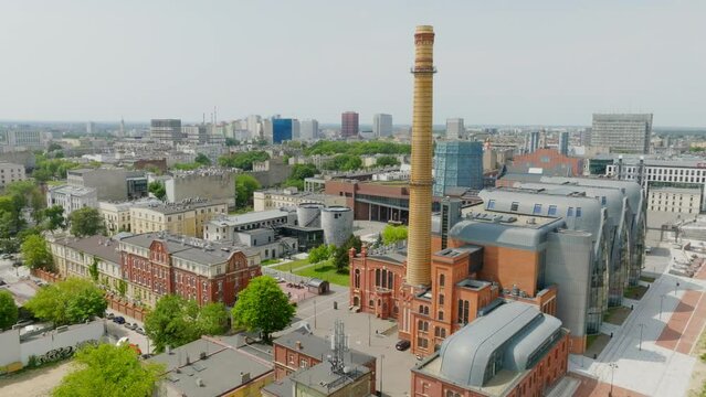 A drone shot of the Science and Technology Center EC1 in Lodz, an old municipal power plant consisting of two blocks. Aerial, Cityscape, Architecture, Urban development, Landmark, Revitalization