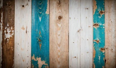 Large texture of vintage wood boards with cracked paint of white, red, yellow and blue color