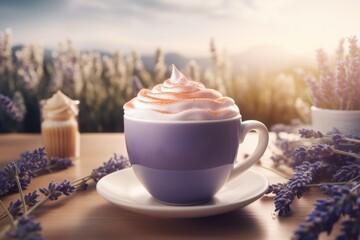 Cup latte lavender morning. Generate Ai - obrazy, fototapety, plakaty