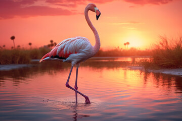 Serene beauty of a lone flamingo standing gracefully in a colorful sunset-lit landscape by the tranquil waters