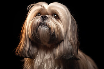 Adorable Lhasa Apso. Perfectly groomed purebred dog with expressive eyes, showcasing its furry charm against a black background.
