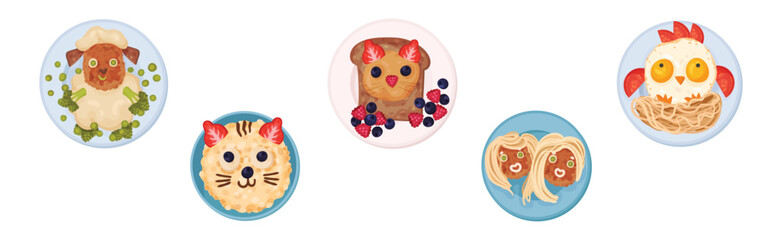 Food for Kids on Plates Serving Ideas Top View Vector Set © Happypictures