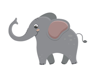 Elephant, wild animal, african mammal, cartoon, safari, baby, zoo, trunk, nature. Big, huge, grey, smiling, friendly, happy, cute. Isolated on white background. Vector illustration