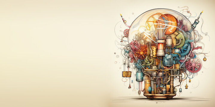 Light bulb with cogwheels, idea and vision concept, brainstorming for solution, innovation and imagination of the future, generative AI