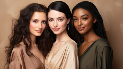Group of three multiethnic women with different ethnicity and skin tones.