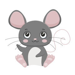 Grey mouse. Cartoon animal character. Cute art. Little mammal. Adorable pet. Childish drawing. Sitting rodent. Minimalistic design. Isolated on white background. Vector illustration