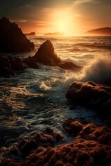 Obraz premium Coastal landscape at sunset, waves crashing on the rocks. Generative AI.