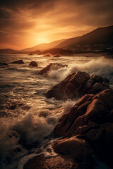 Fototapeta premium Coastal landscape at sunset, waves crashing on the rocks. Generative AI.